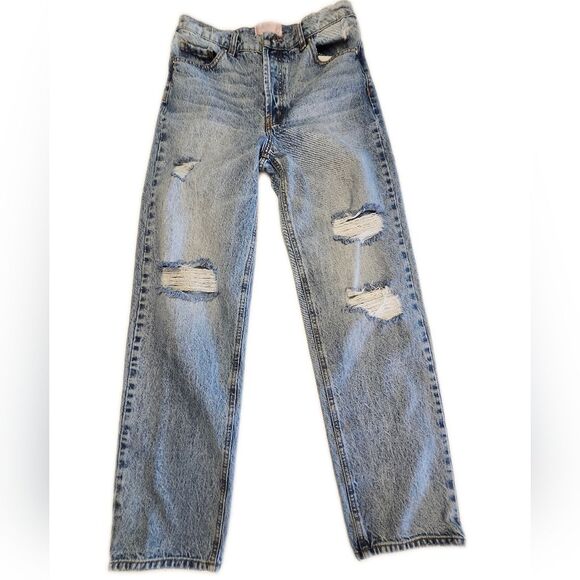 Revice Button Fly High Rise Distressed Y2K Straight Leg Blue Denim Jeans, 28 - Picture 2 of 8
